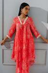 Buy_Megha Pitti_Coral Sequins, Beads V-neck Asymmetric Blossom Print Kurta With Pant _at_Aza_Fashions