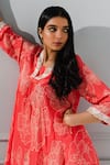 Megha Pitti_Coral Sequins, Beads V-neck Asymmetric Blossom Print Kurta With Pant _Online_at_Aza_Fashions
