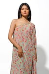 Megha Pitti_Green Bemberg Crepe Printed Floral One Shoulder Tunic With Pant _Online_at_Aza_Fashions