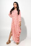 Buy_Megha Pitti_Off White Crepe Embroidery Round Neck Floral Print Cowl Hem Dress _at_Aza_Fashions