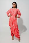 Buy_Megha Pitti_Peach Crepe And Silk Print Floral Cowl Draped Tunic With Pant _at_Aza_Fashions