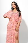 Megha Pitti_Off White Bemberg Crepe Print Floral V Neck Long Kaftan _Online_at_Aza_Fashions