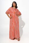 Buy_Megha Pitti_Orange Bemberg Crepe Print Stripe V Neck Long Kaftan _at_Aza_Fashions