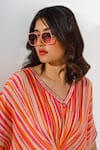 Shop_Megha Pitti_Orange Bemberg Crepe Print Stripe V Neck Long Kaftan _Online_at_Aza_Fashions