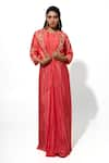 Buy_Megha Pitti_Peach Crepe And Silk Print Floral Jacket Lapel Long Dress With _at_Aza_Fashions