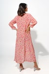 Megha Pitti_Pink Bemberg Crepe Print Floral V Neck Flower Cluster Ruched Dress _Online_at_Aza_Fashions