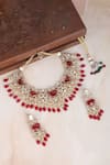 Shop_Auraa Trends_Red Beads, Diamonds Carved Cutwork Necklace Set _at_Aza_Fashions