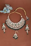 Shop_Auraa Trends_Green Beads, Diamonds Tear Drop Carved Choker Set _at_Aza_Fashions