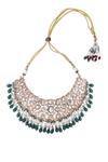 Auraa Trends_Green Beads, Diamonds Tear Drop Carved Choker Set _at_Aza_Fashions