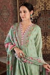 Buy_Negra Elegante_Green Cotton Silk Hand Embroidery Floral V Neck Gul Pattern Kurta Set  _Online_at_Aza_Fashions