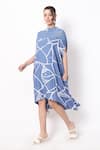 Shop_Ranng Label_Blue Rayon Print Abstract High Round Neck Poppy Swirl Low Dress _Online_at_Aza_Fashions