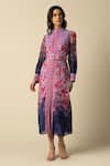 Buy_RAISHMA_Purple Chiffon Printed Floral Stand Collar Freya Dress With Belt_at_Aza_Fashions