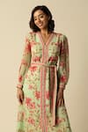 RAISHMA_Green Chiffon Printed Floral V Neck Naomi Midi Dress _Online_at_Aza_Fashions