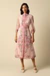 Buy_RAISHMA_Pink Georgette Crinkle Printed Floral Band Collar Rose Dress With Belt _at_Aza_Fashions