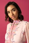 RAISHMA_Pink Georgette Crinkle Printed Floral Band Collar Rose Dress With Belt _Online_at_Aza_Fashions