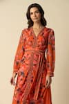 RAISHMA_Orange Crinkle Chiffon Floral V Neck Athena Pattern Midi Dress With Belt _Online_at_Aza_Fashions