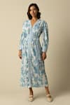 Buy_RAISHMA_Blue Viscose Twill Floral V Neck Aaliyah Pattern Dress And Belt Set _at_Aza_Fashions