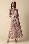 Buy_RAISHMA_Pink Viscose Twill Printed Fleur Stand Collar Maya Midi Dress And Belt Set _at_Aza_Fashions