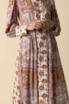 RAISHMA_Pink Viscose Twill Printed Fleur Stand Collar Maya Midi Dress And Belt Set _Online_at_Aza_Fashions