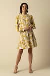 Buy_RAISHMA_Yellow Viscose Twill Printed Floral High Neck Amanda Frill Dress With Belt_at_Aza_Fashions