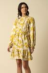 RAISHMA_Yellow Viscose Twill Printed Floral High Neck Amanda Frill Dress With Belt _Online_at_Aza_Fashions