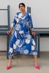 Shop_Silai Studio_Blue Cotton Printed Floral Notched Kurta And Pant Set  _at_Aza_Fashions