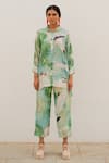 Silai Studio_Green Silk Voile Printed Leaf Collar Bird Shirt And Pant Set _Online_at_Aza_Fashions