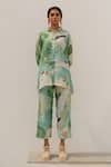 Silai Studio_Green Silk Voile Printed Leaf Collar Bird Shirt And Pant Set _at_Aza_Fashions