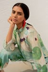 Shop_Silai Studio_Green Silk Voile Printed Leaf Collar Bird Shirt And Pant Set 