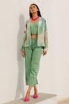 Silai Studio_Green Silk Voile Printed Leaf Jacket Collar Bird Pant Set _Online_at_Aza_Fashions