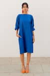 Buy_Silai Studio_Blue 100% Linen Plain Boat Neck Dress  _at_Aza_Fashions