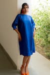 Buy_Silai Studio_Blue 100% Linen Plain Boat Neck Dress  _Online_at_Aza_Fashions