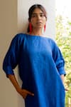 Shop_Silai Studio_Blue 100% Linen Plain Boat Neck Dress  _Online_at_Aza_Fashions