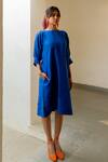 Buy_Silai Studio_Blue 100% Linen Plain Boat Neck Dress  