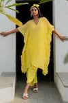 Buy_Silai Studio_Yellow Chanderi Plain V Neck Textured Kaftan Pant Set  _at_Aza_Fashions