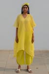 Silai Studio_Yellow Chanderi Plain V Neck Textured Kaftan Pant Set  _Online_at_Aza_Fashions