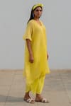 Shop_Silai Studio_Yellow Chanderi Plain V Neck Textured Kaftan Pant Set  _Online_at_Aza_Fashions