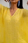 Buy_Silai Studio_Yellow Chanderi Plain V Neck Textured Kaftan Pant Set  