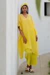 Shop_Silai Studio_Yellow Chanderi Plain V Neck Textured Kaftan Pant Set  