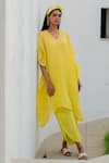 Silai Studio_Yellow Chanderi Plain V Neck Textured Kaftan Pant Set  _Online