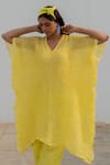 Shop_Silai Studio_Yellow Chanderi Plain V Neck Textured Kaftan _Online_at_Aza_Fashions