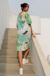 Silai Studio_Green Cotton Printed Bird Boat Neck Shift Dress  _at_Aza_Fashions