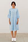 Shop_Silai Studio_Blue Poplin Embroidery Thread Round Frogs In A Pond Dress  _Online_at_Aza_Fashions