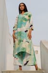 Shop_Silai Studio_Green Cotton Printed Crane V-neck Kurta With Pant  _at_Aza_Fashions