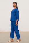 Shop_Silai Studio_Blue Linen Solid Notched Top _Online_at_Aza_Fashions