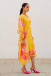 Silai Studio_Yellow Chanderi Printed Floral V-neck Kaftan _Online_at_Aza_Fashions
