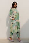Silai Studio_Green Silk Voile Printed Crane Notched Leaf Kurta With Pant _at_Aza_Fashions