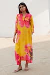 Buy_Silai Studio_Yellow Silk Voile Printed Floral Notched Watercolour Kurta With Pant  _at_Aza_Fashions