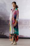 Shop_Yavi_Multi Color Crepe Printed Abstract V Neck Aria Box Pleat Midi Dress  _Online_at_Aza_Fashions