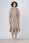 Arcvsh by Pallavi Singh_Beige Organza Block Print Sakura Floral Shirt Striped Tie-up Dress  _Online_at_Aza_Fashions